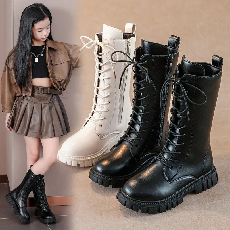 Black Mid Boots for Girls with Square Heel and Zip Closure