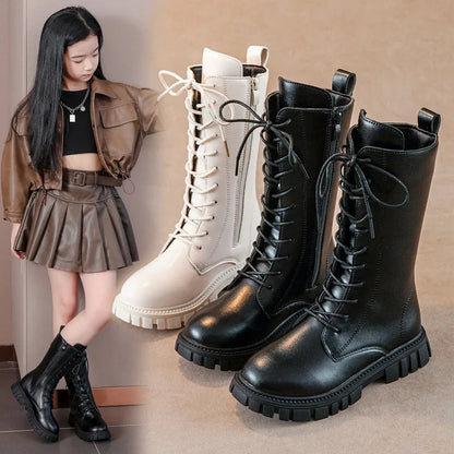 Black Mid Boots for Girls with Square Heel and Zip Closure