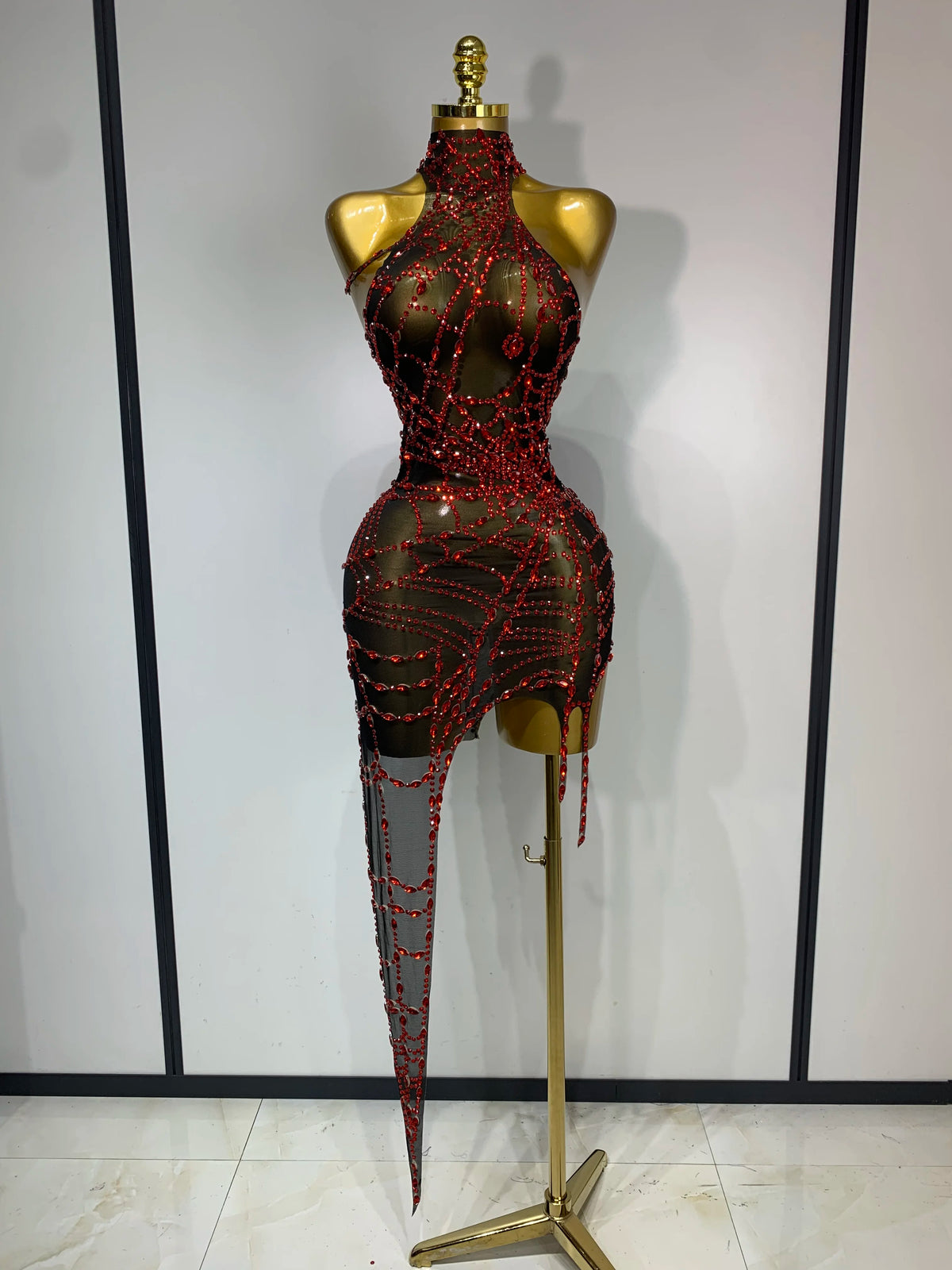 Black Mesh Crystal Diamond Bodycon Dress for Women
