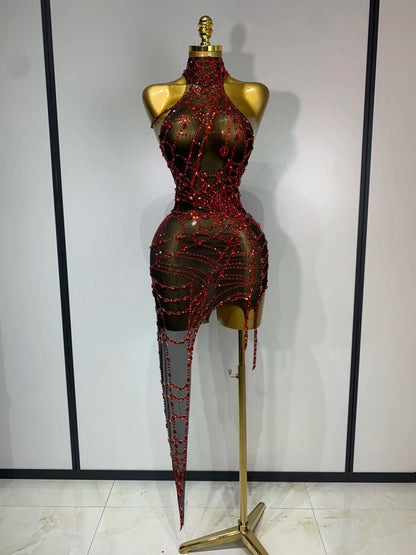 Black Mesh Crystal Diamond Bodycon Dress for Women