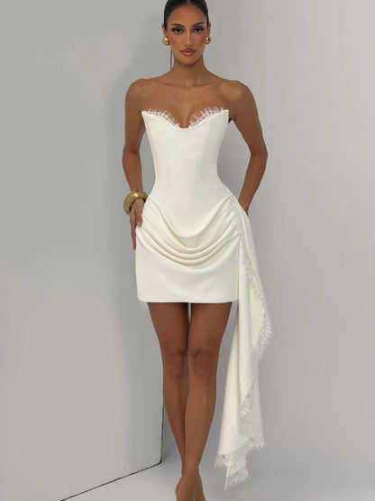 Women Strapless Lace Trim Bodycon Dress