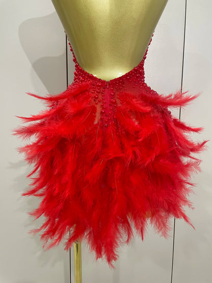 Luxury Rhinestones Pearls Feathers Halter Backless Dress