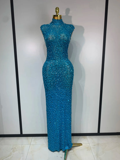 Gold Rhinestone Sleeveless Long Dress for Women