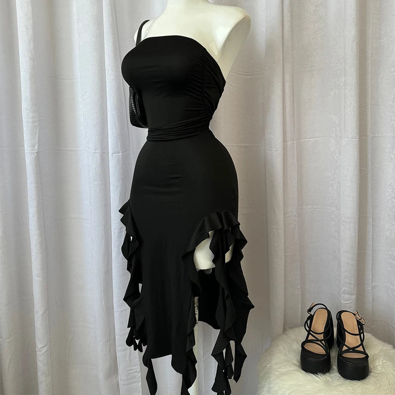 Women Strapless Floral High Slit Mini Dress Black Pink