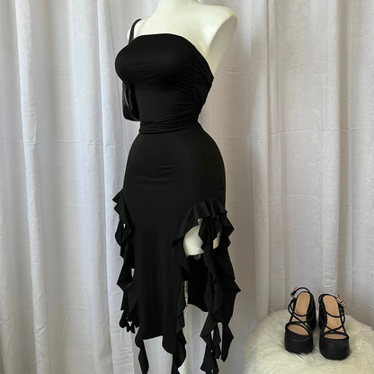 Women Strapless Floral High Slit Mini Dress Black Pink