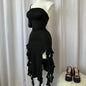 Women Strapless Floral High Slit Mini Dress Black Pink