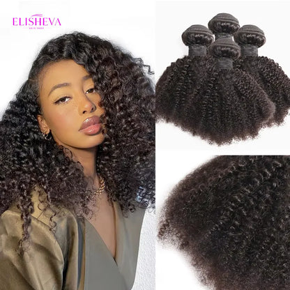 ELISHEVA Indian Human Hair Weave Bundles Kinky Curly Jet Black