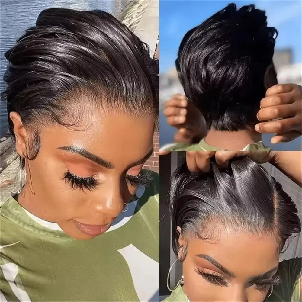 Straight Pixie Cut Human Hair Wig Transparent Lace