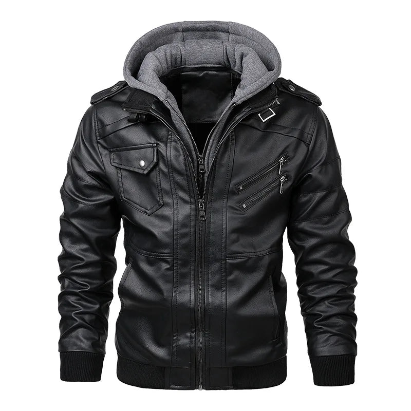 Men's Faux Leather Motorcycle Jacket with Detachable Hood