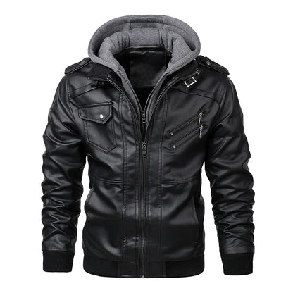 Men's Faux Leather Motorcycle Jacket with Detachable Hood