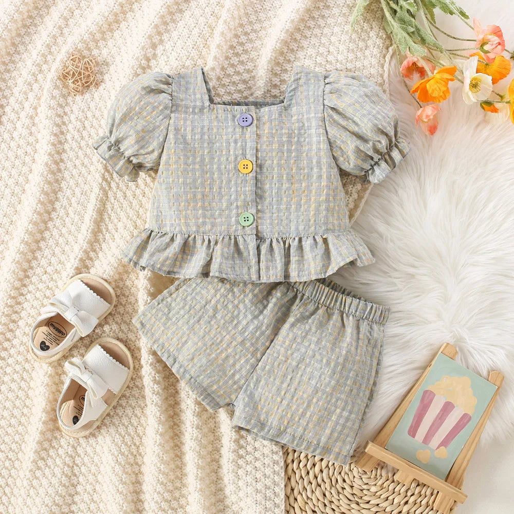 Summer Baby Girl Cotton Plaid Bubble Sleeve Set