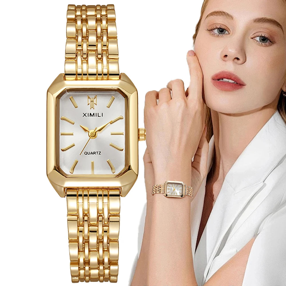 Gold Plated Ladies Quartz Watch Stainless Steel Band