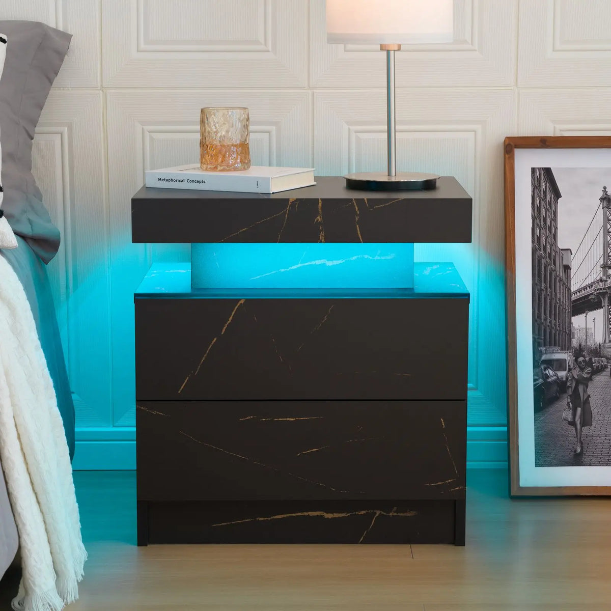 Cubehom White LED Nightstand with 2 Drawers