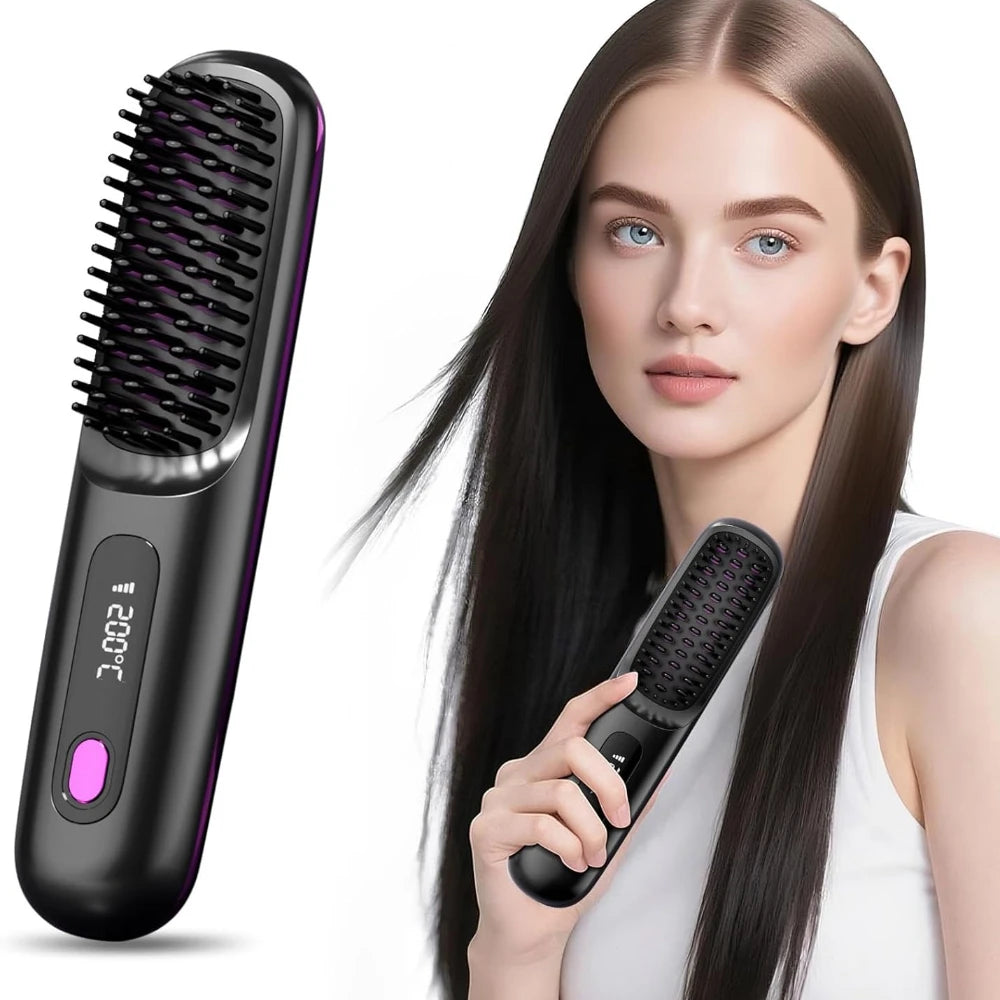 Cordless Hair Straightener Brush with LCD Display