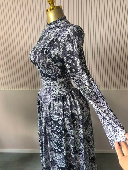 Women Plaid Long Sleeve Maxi Dress Polyester A-Line