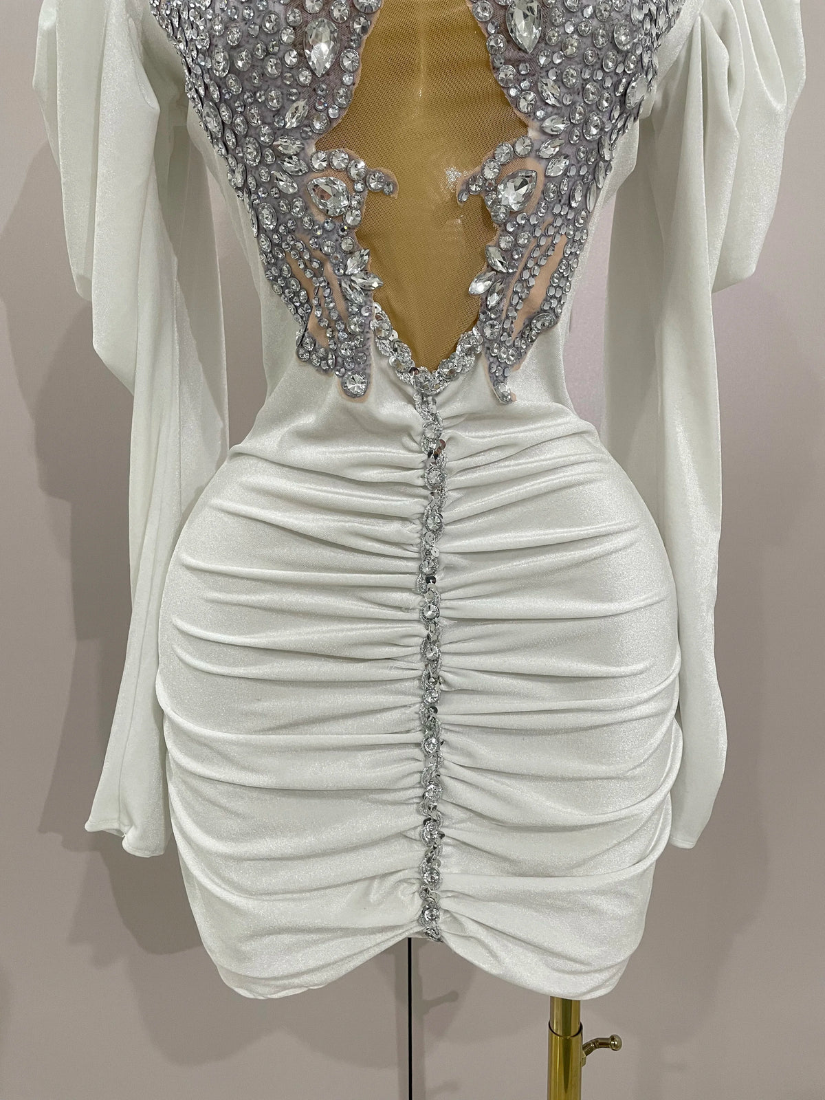 White Velvet Sexy Mesh Short Dress with Crystals