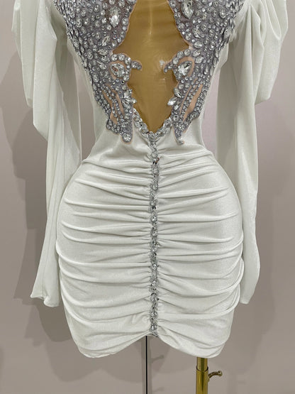 White Velvet Sexy Mesh Short Dress with Crystals