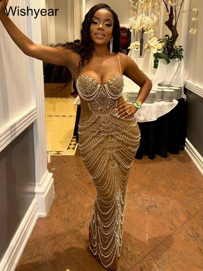 Luxury Brown Rhinestone Evening Gown for Women