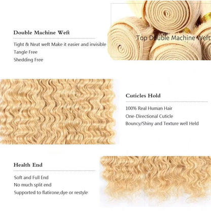 613 Blonde Deep Wave Human Hair Bundles 28 30 32 Inch