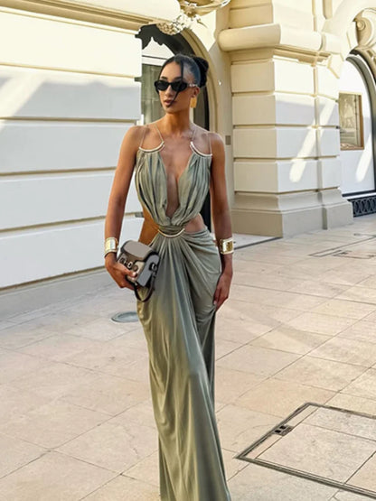 Women's Spaghetti Strap Maxi Dress with Deep V Cutout