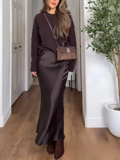 Vintage Satin Solid Long Skirt Women High Waist