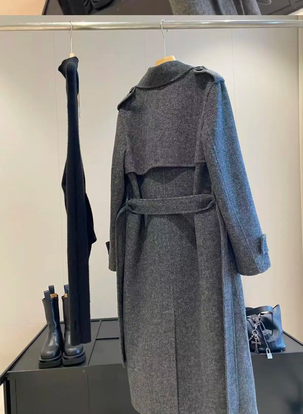 Grey Wool Blend Women's Long Coat with Belt