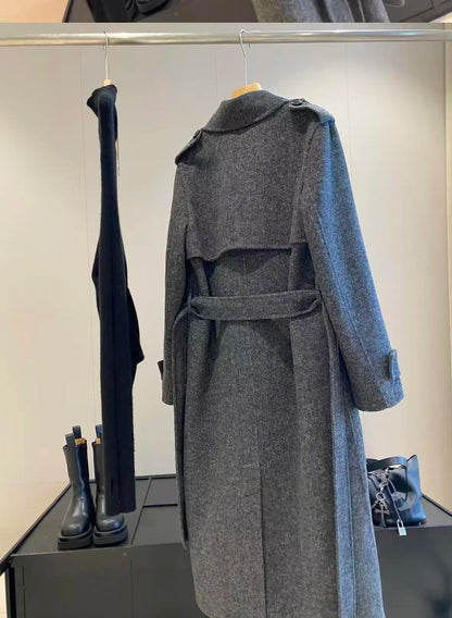 Grey Wool Blend Women's Long Coat with Belt