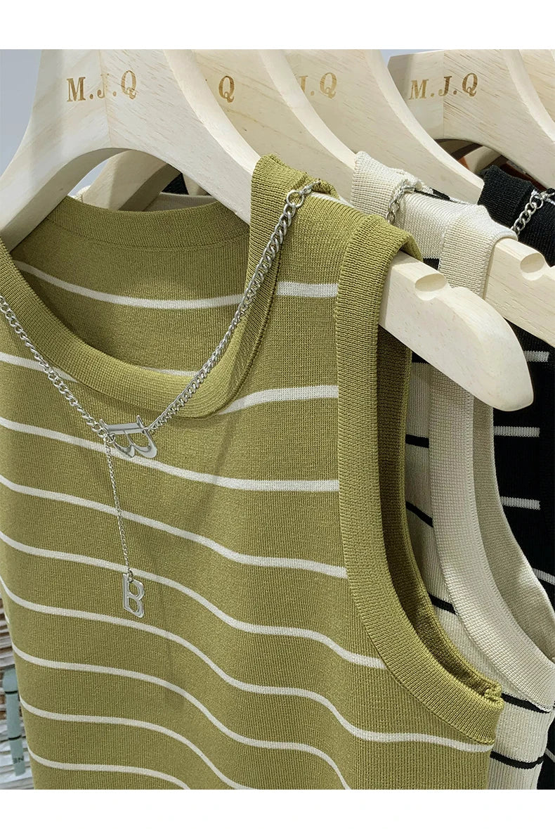 Striped Knit Sleeveless Waistcoat for Women