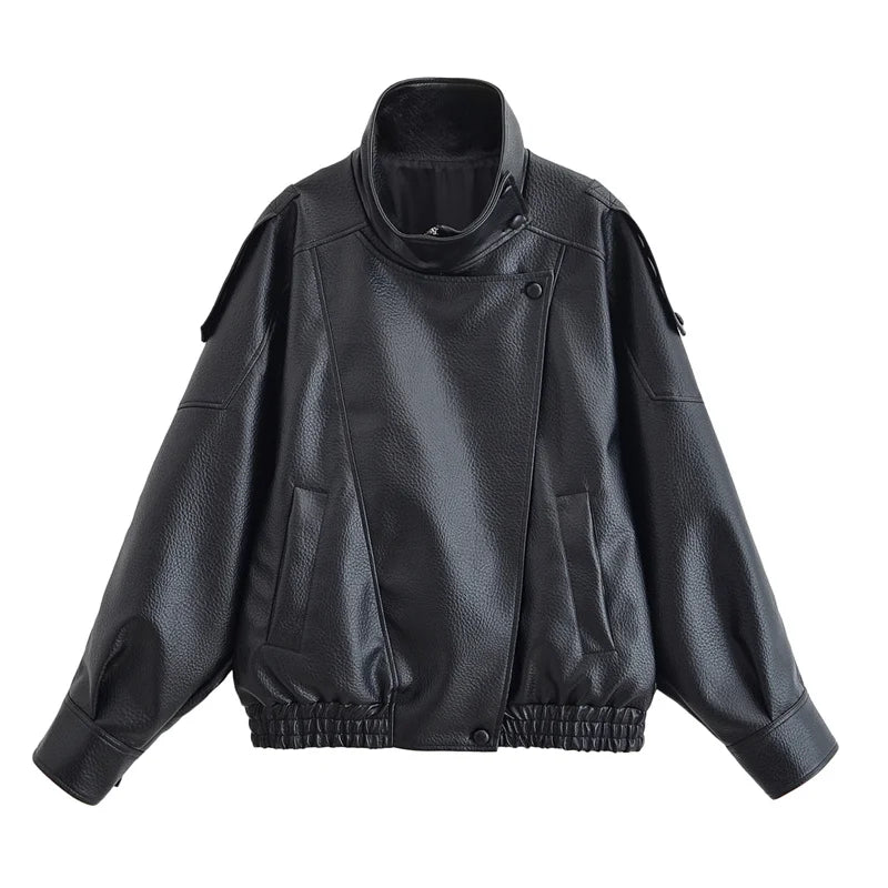 Black Long Sleeve Faux Leather Motorcycle Jacket
