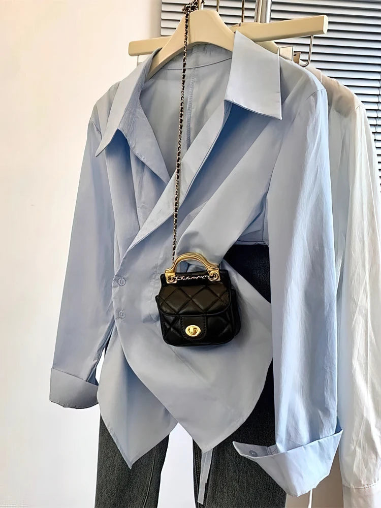 Irregular Long Sleeve Polo Shirt Women White Blouse