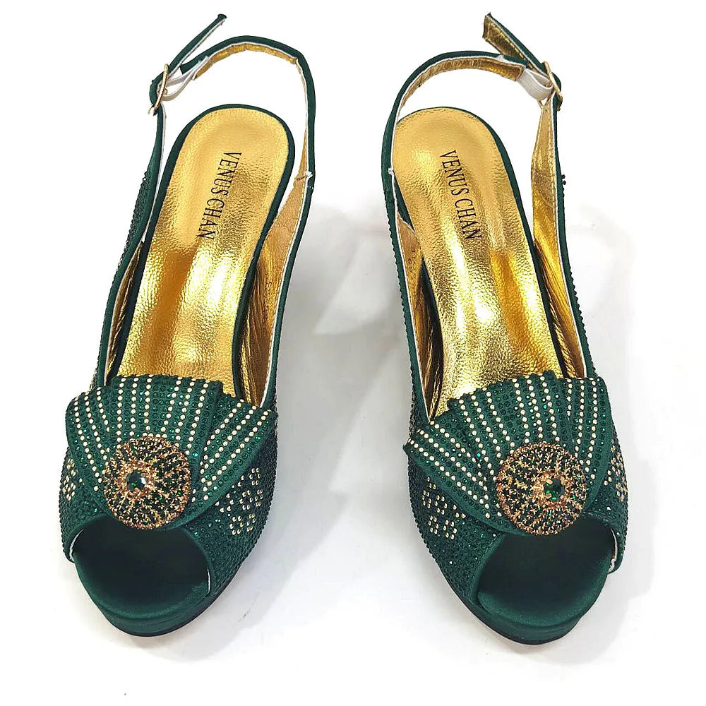 Golden Wedding Shoes And Bag Set With Diamond Decoration