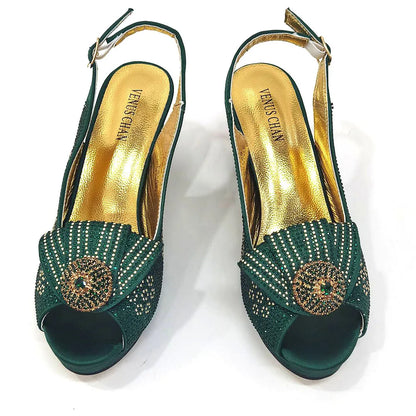 Golden Wedding Shoes And Bag Set With Diamond Decoration