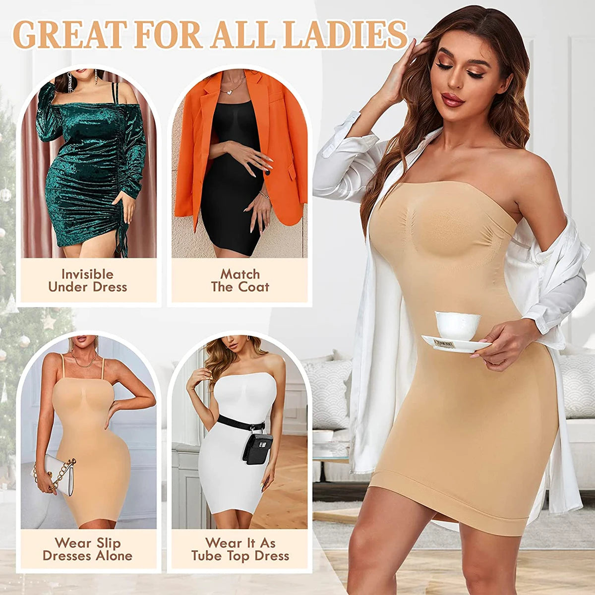 Strapless Shapewear Slip for Women Tummy Control Black Beige White