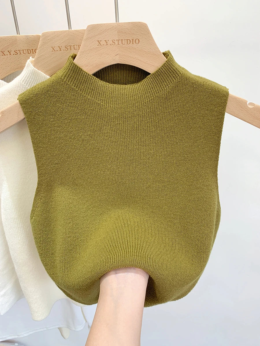 Women Slim Knitted Tank Top Sleeveless Solid Sweater