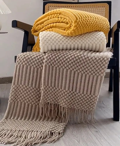 Khaki Knitted Acrylic Blanket with Tassels