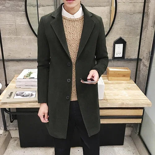 Men's Long Cotton Windbreaker Jacket Casual Slim Fit