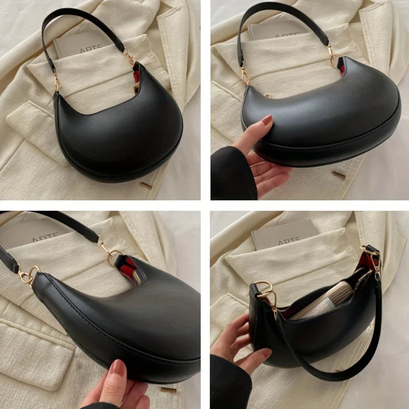 Women's Moon-shaped PU Shoulder Bag with Sequined Detail