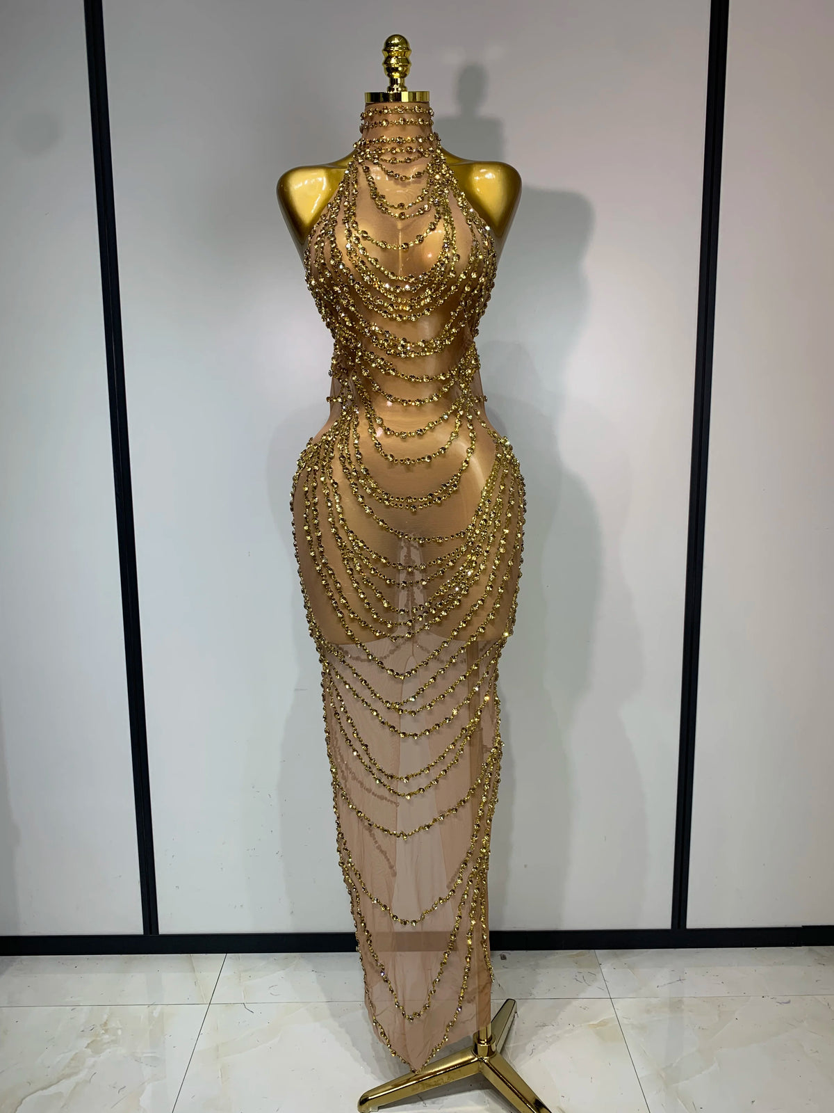 Sparkly Rhinestone Transparent Mesh Long Dress