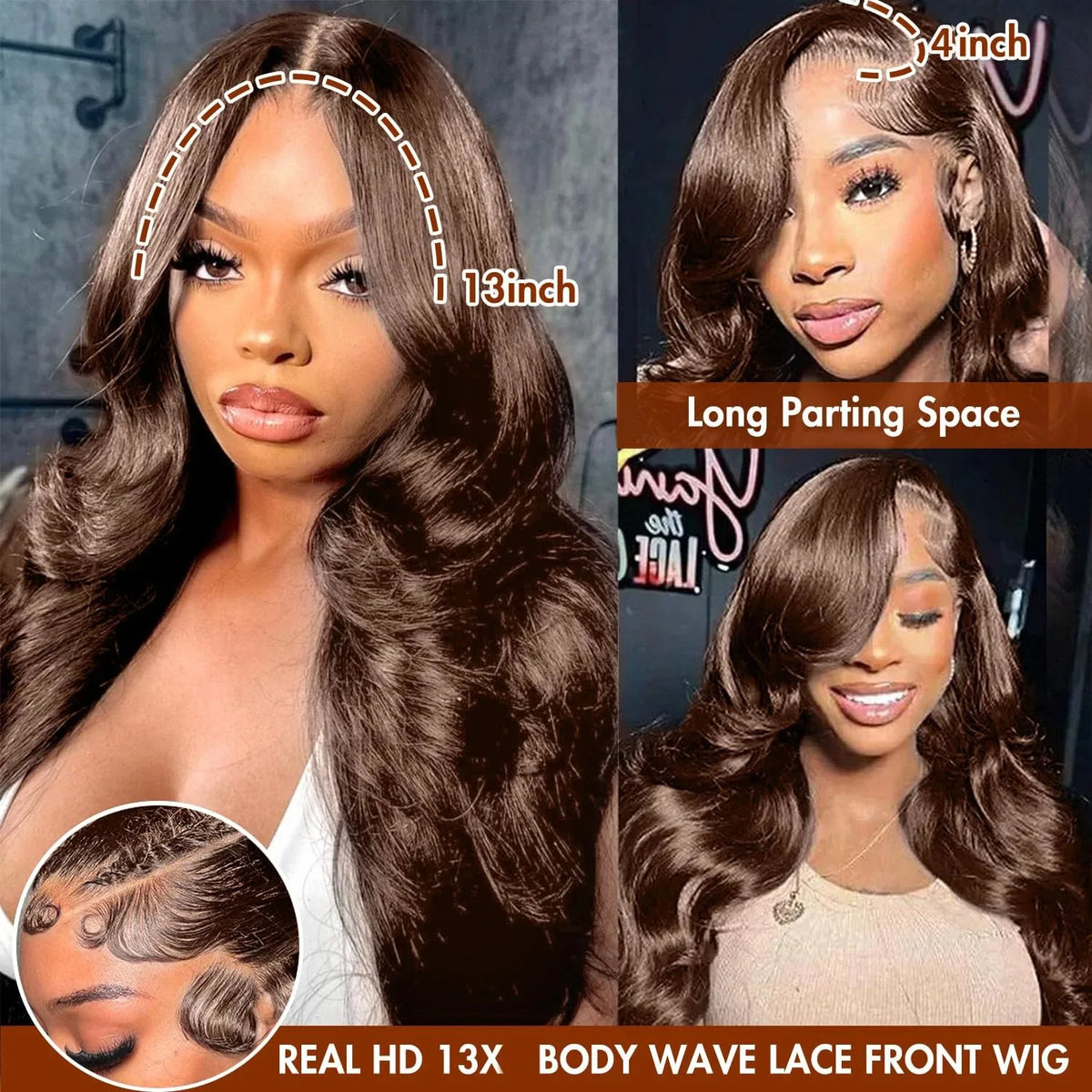 13x4 Transparent Lace Frontal Wig 34 Inch Chocolate Brown Body Wave