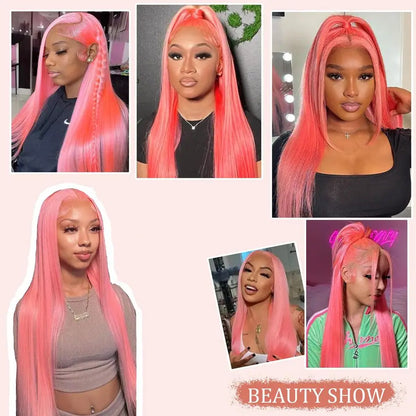 Pink 30 Inch Straight Lace Front Wig Human Hair