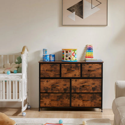 JHK Modern Wooden Dresser with 7 Fabric Drawers