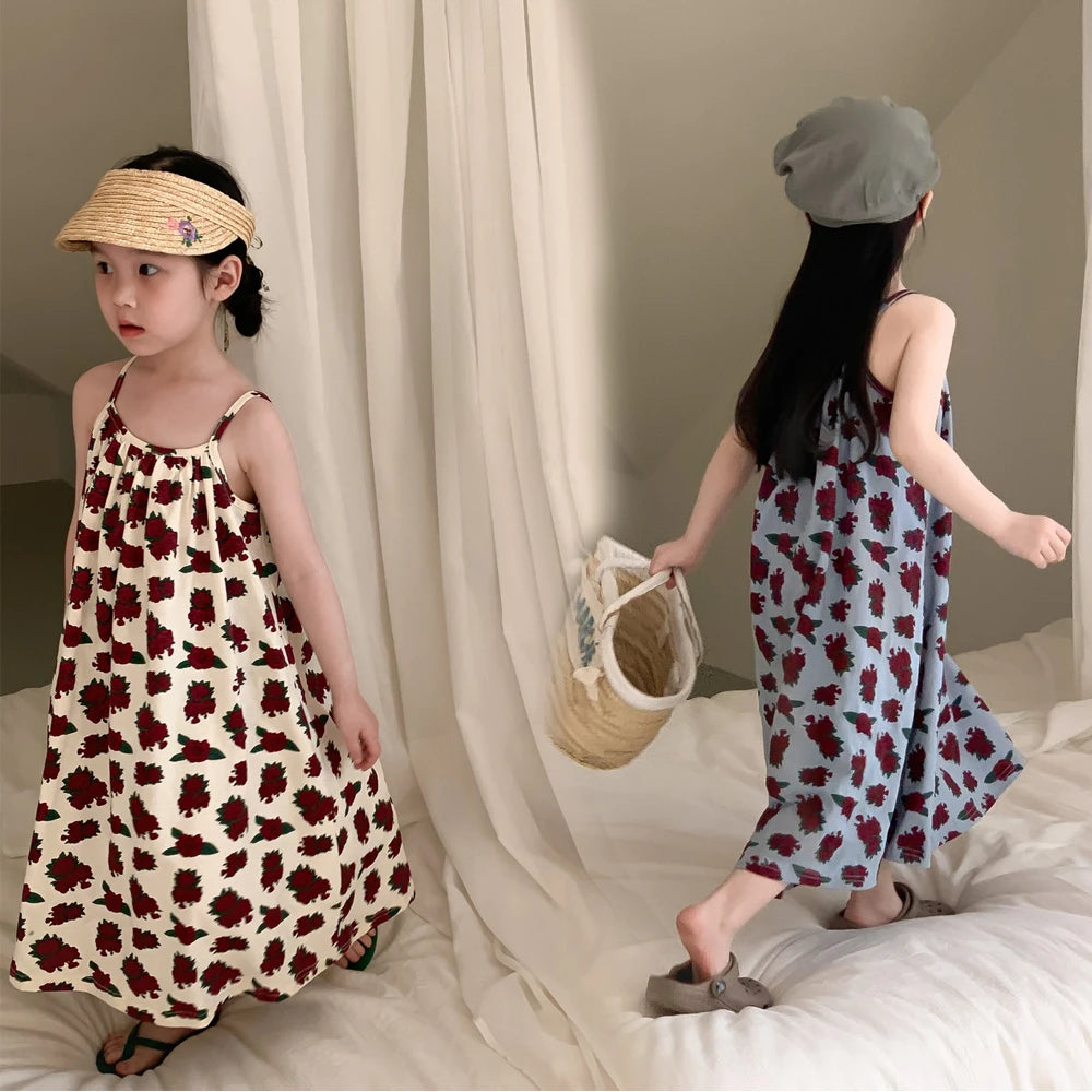 Sleeveless Beach Dress Printed Rose for Girls 4-6Y
