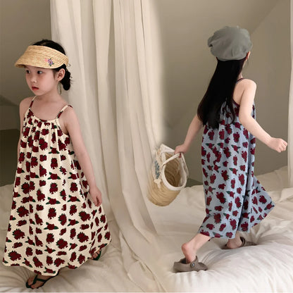 Sleeveless Beach Dress Printed Rose for Girls 4-6Y