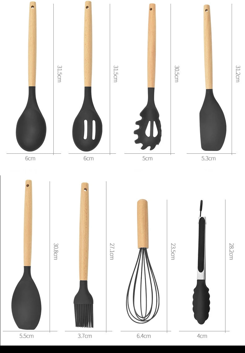 12 Piece Silicone Kitchen Utensils Set with Wooden Handle