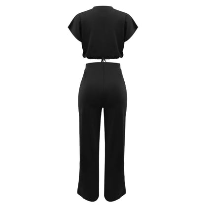 Women Casual Short Sleeve Drawstring Top and High Waist Pants Set