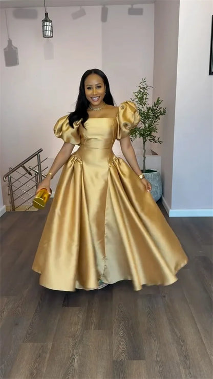 Gold Solid A-line Maxi Dress with Puff Sleeves