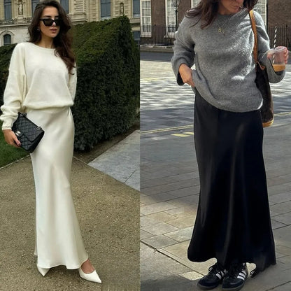 Vintage Satin Solid Long Skirt Women High Waist