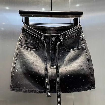 Oversize Diamond Denim Mini Skirt Women Gradient Black Grey