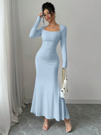 Elegant Retro Solid Color Square Collar Long Sleeve Dress