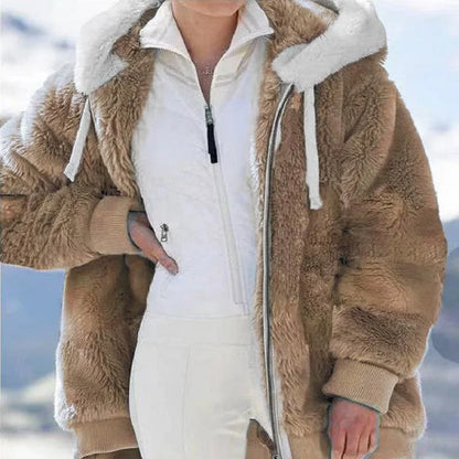 Loose Plush Zipper Hooded Jacket for Women